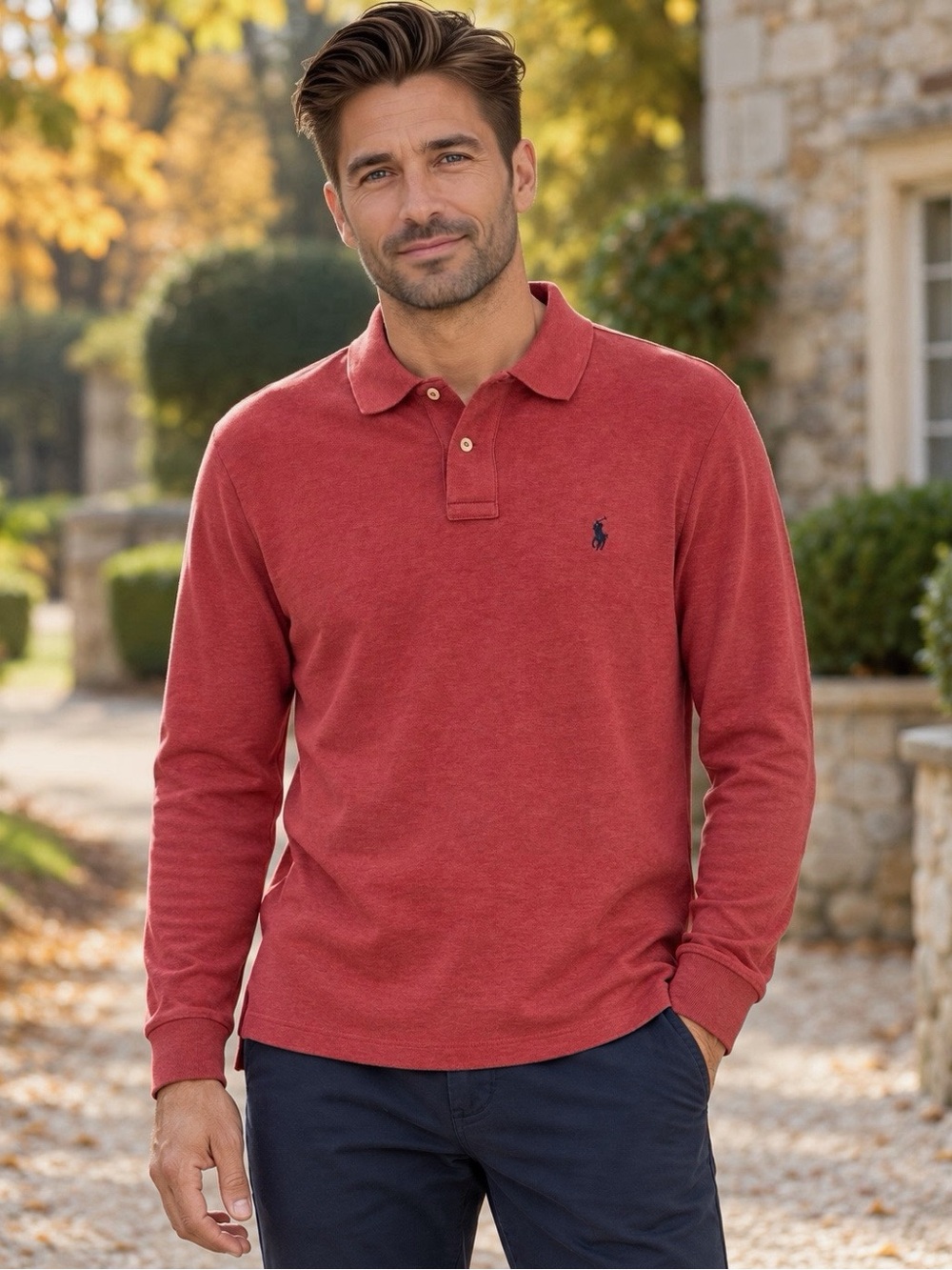 Polo Ralph Lauren Men’s Medium Red Long-Sleeve Cotton Polo Shirt with Pony Logo
